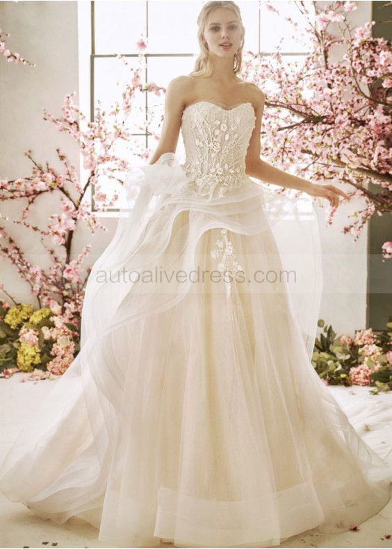 Strapless Beaded Ivory Lace Tulle Ruffle Wedding Dress With Horsehair Trim